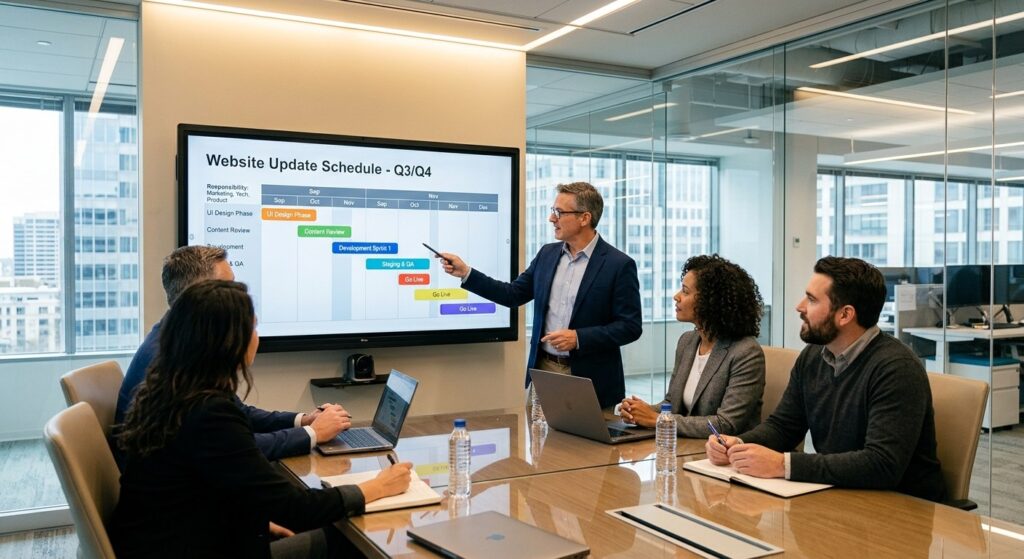 Business team reviewing a website update schedule on screen