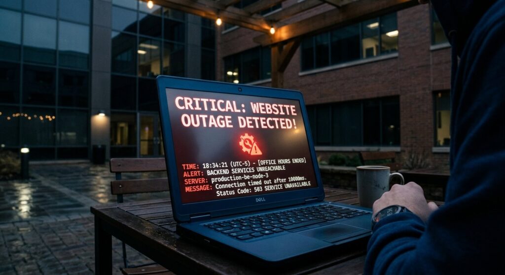 Business website outage alert displayed on a laptop outside office hours